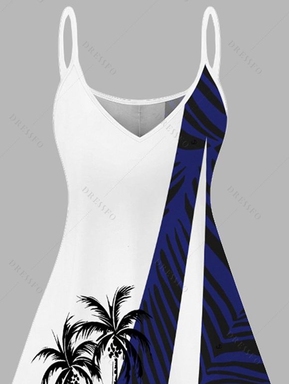 Mini Robe Ligne A à Bretelle Fine Motif de Feuille Arbre de Noix de Coco à Col V - Bleu XXL | US 14