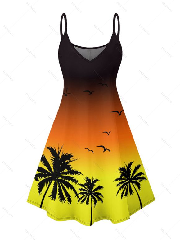 Vacation Couple Outfit Ombre Coconut Tree Seagulls Pattern Spaghetti Strap V Neck A Line Mini Tank Dress and Roll Up Sleeve Shirt Beach Matching Outfit - Orange S | US 4