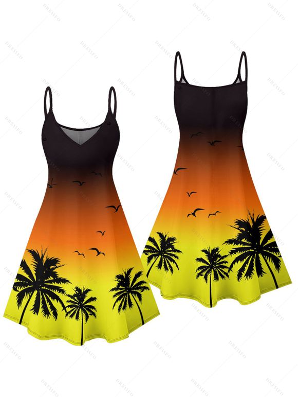 Vacation Couple Outfit Ombre Coconut Tree Seagulls Pattern Spaghetti Strap V Neck A Line Mini Tank Dress and Roll Up Sleeve Shirt Beach Matching Outfit - Orange S | US 4
