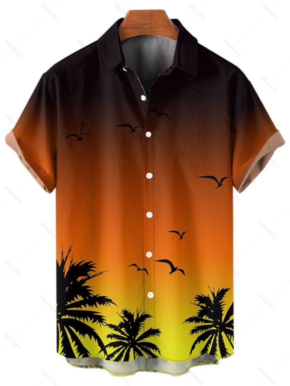 Vacation Couple Outfit Ombre Coconut Tree Seagulls Pattern Spaghetti Strap V Neck A Line Mini Tank Dress and Roll Up Sleeve Shirt Beach Matching Outfit - Orange S | US 4