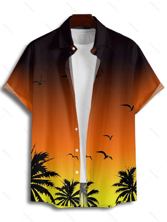 Vacation Couple Outfit Ombre Coconut Tree Seagulls Pattern Spaghetti Strap V Neck A Line Mini Tank Dress and Roll Up Sleeve Shirt Beach Matching Outfit - Orange S | US 4