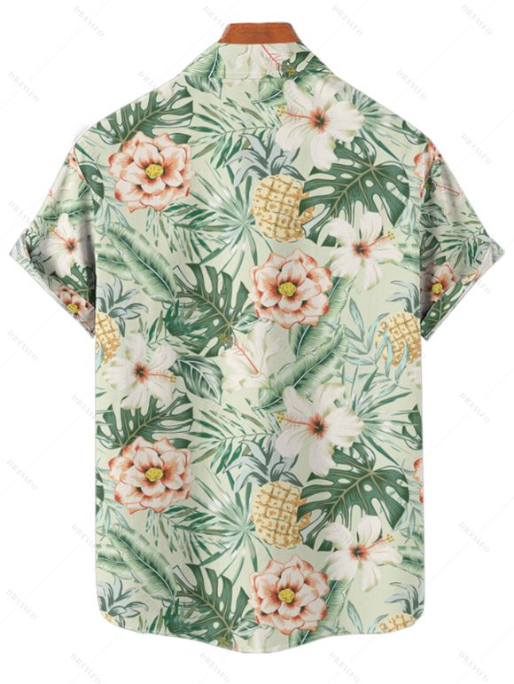 Chemise de Plage Motif de Feuille Florale Boutonnée à Manches Courtes - Vert 2XL