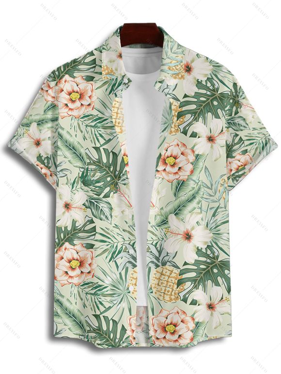 Chemise de Plage Motif de Feuille Florale Boutonnée à Manches Courtes - Vert 2XL