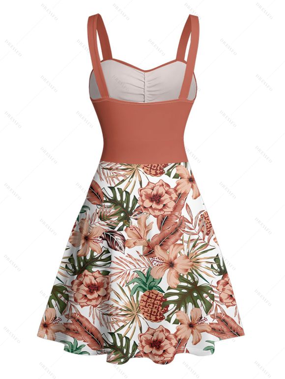 Mini Robe de Plage Ligne A Fleurie Feuille Tropicale Imprimée Partout à Volants - Rouge foncé XL | US 12