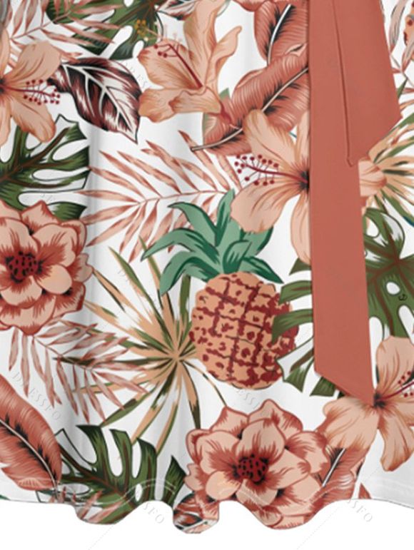 Mini Robe de Plage Ligne A Fleurie Feuille Tropicale Imprimée Partout à Volants - Rouge foncé XL | US 12