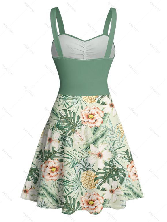 Mini Robe de Plage Ligne A Fleurie Feuille Tropicale Imprimée Partout à Volants - Vert clair M | US 6
