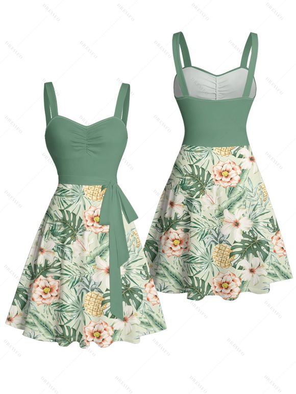 Mini Robe de Plage Ligne A Fleurie Feuille Tropicale Imprimée Partout à Volants - Vert clair M | US 6