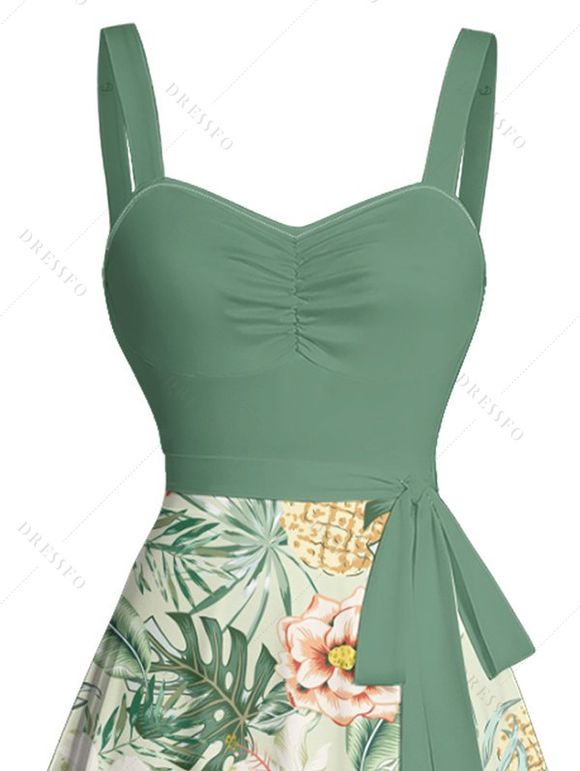 Mini Robe de Plage Ligne A Fleurie Feuille Tropicale Imprimée Partout à Volants - Vert clair M | US 6