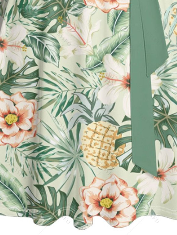 Mini Robe de Plage Ligne A Fleurie Feuille Tropicale Imprimée Partout à Volants - Vert clair M | US 6