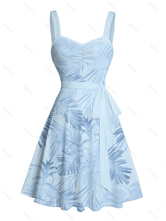 Vacation Couple Outfit Allover Tropical Plant Leaf Pattern Ruched Bust Belt Sweetheart Neck A Line Mini Dress and Roll Up Sleeve Shirt Casual Matching Outfit - Bleu S | US 4