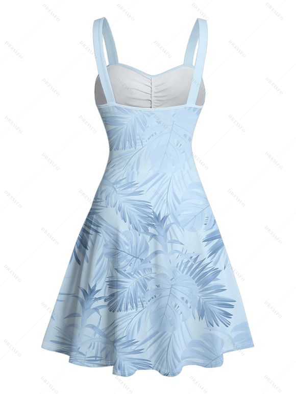 Vacation Couple Outfit Allover Tropical Plant Leaf Pattern Ruched Bust Belt Sweetheart Neck A Line Mini Dress and Roll Up Sleeve Shirt Casual Matching Outfit - Bleu S | US 4