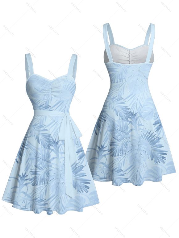 Vacation Couple Outfit Allover Tropical Plant Leaf Pattern Ruched Bust Belt Sweetheart Neck A Line Mini Dress and Roll Up Sleeve Shirt Casual Matching Outfit - Bleu S | US 4