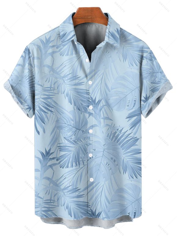 Vacation Couple Outfit Allover Tropical Plant Leaf Pattern Ruched Bust Belt Sweetheart Neck A Line Mini Dress and Roll Up Sleeve Shirt Casual Matching Outfit - Bleu S | US 4