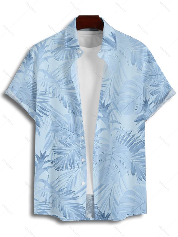 Vacation Couple Outfit Allover Tropical Plant Leaf Pattern Ruched Bust Belt Sweetheart Neck A Line Mini Dress and Roll Up Sleeve Shirt Casual Matching Outfit - Bleu S | US 4