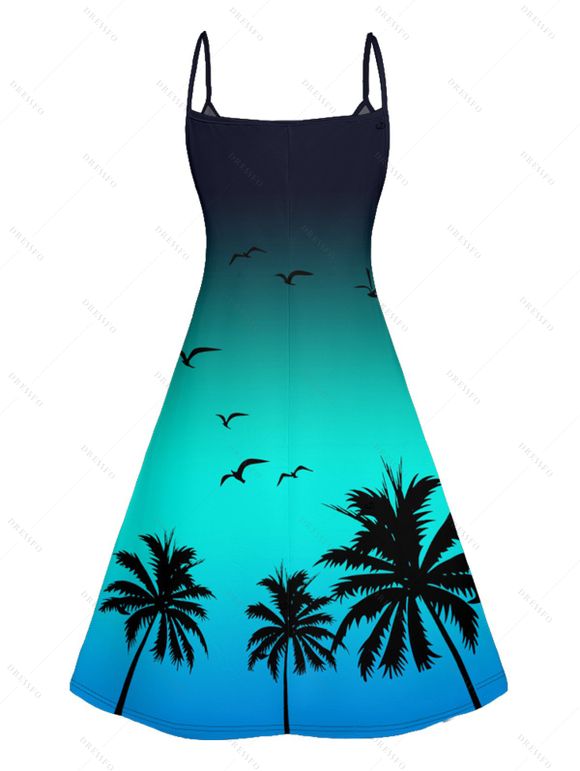 Vacation Couple Outfit Ombre Coconut Tree Seagulls Pattern Spaghetti Strap A Line Tank Dress and Roll Up Sleeve Shirt Drawstrings Shorts Beach Matching Outfit - Vert S | US 4