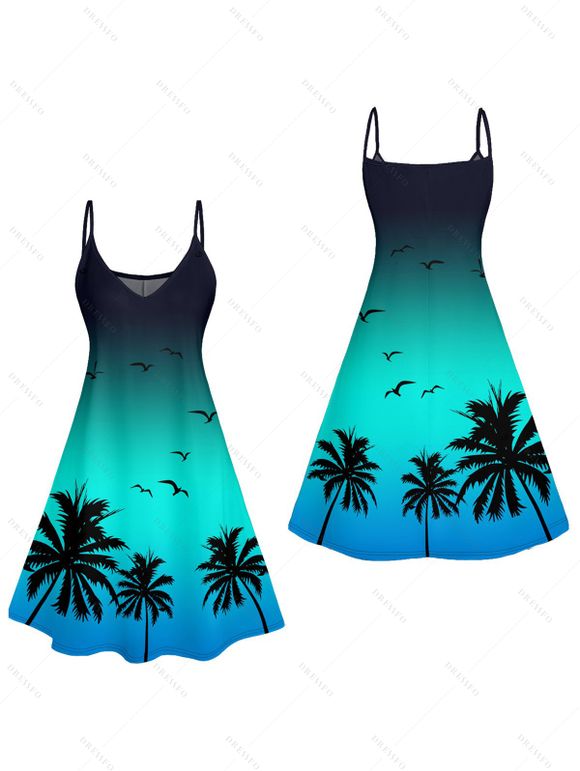 Vacation Couple Outfit Ombre Coconut Tree Seagulls Pattern Spaghetti Strap A Line Tank Dress and Roll Up Sleeve Shirt Drawstrings Shorts Beach Matching Outfit - Vert S | US 4