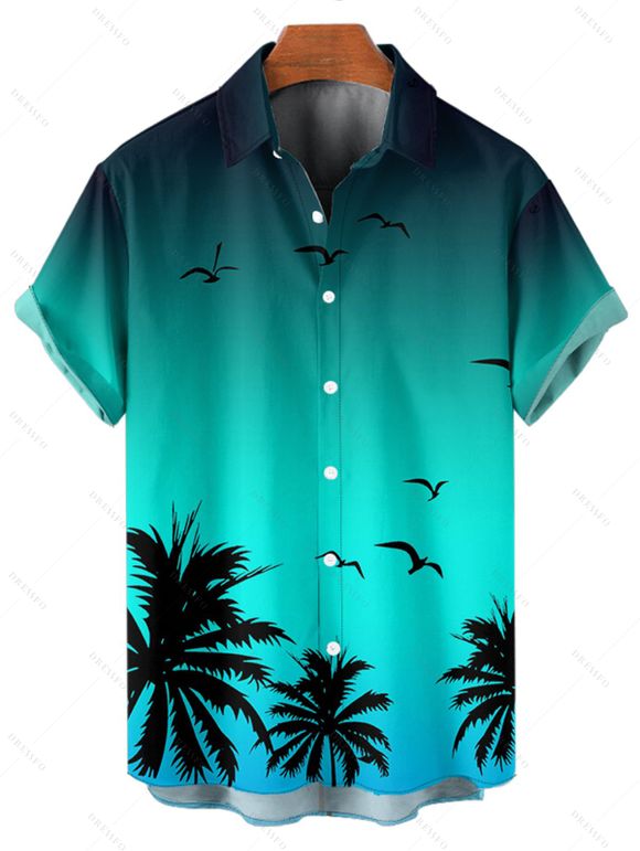 Vacation Couple Outfit Ombre Coconut Tree Seagulls Pattern Spaghetti Strap A Line Tank Dress and Roll Up Sleeve Shirt Drawstrings Shorts Beach Matching Outfit - Vert S | US 4
