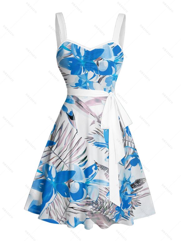 Vacation Couple Outfit Tropical Leaf Floral Print Ruched Bust A Line Sweetheart Neck Belt Dress and Roll Up Sleeve Shirt Drawstring Shorts Beach Matching Outfit - Bleu S | US 4