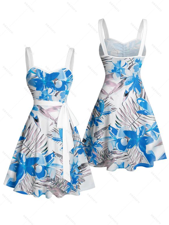 Vacation Couple Outfit Tropical Leaf Floral Print Ruched Bust A Line Sweetheart Neck Belt Dress and Roll Up Sleeve Shirt Drawstring Shorts Beach Matching Outfit - Bleu S | US 4