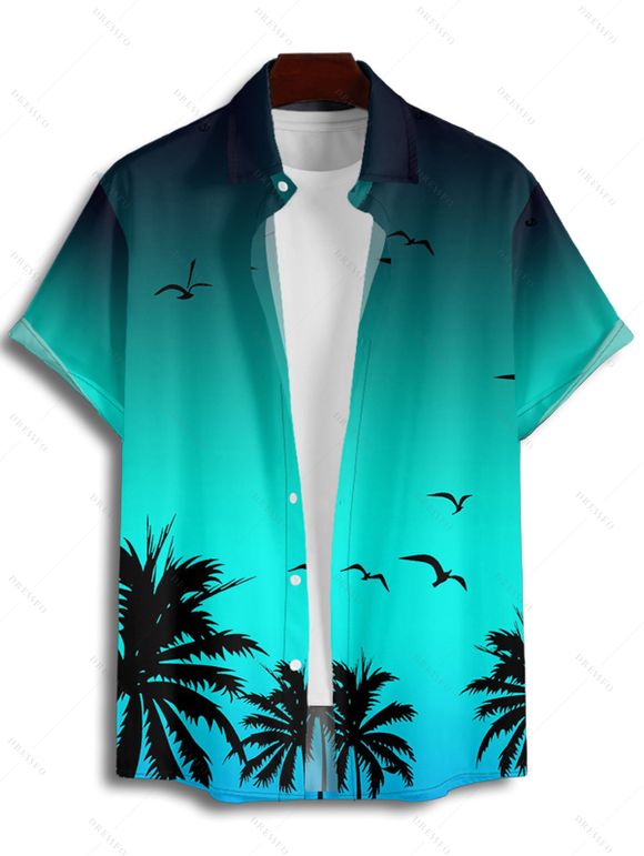 Vacation Couple Outfit Ombre Coconut Tree Seagulls Pattern Spaghetti Strap A Line Tank Dress and Roll Up Sleeve Shirt Drawstrings Shorts Beach Matching Outfit - Vert S | US 4