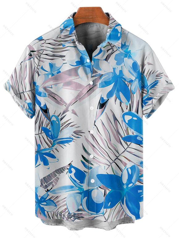 Vacation Couple Outfit Tropical Leaf Floral Print Ruched Bust A Line Sweetheart Neck Belt Dress and Roll Up Sleeve Shirt Drawstring Shorts Beach Matching Outfit - Bleu S | US 4