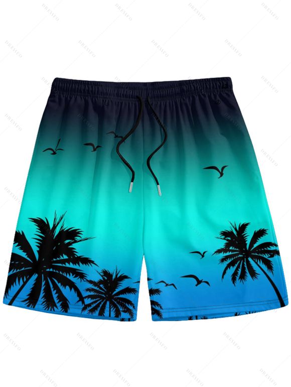 Vacation Couple Outfit Ombre Coconut Tree Seagulls Pattern Spaghetti Strap A Line Tank Dress and Roll Up Sleeve Shirt Drawstrings Shorts Beach Matching Outfit - Vert S | US 4