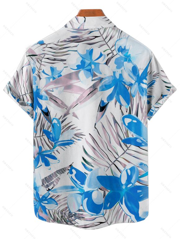 Vacation Couple Outfit Tropical Leaf Floral Print Ruched Bust A Line Sweetheart Neck Belt Dress and Roll Up Sleeve Shirt Drawstring Shorts Beach Matching Outfit - Bleu S | US 4