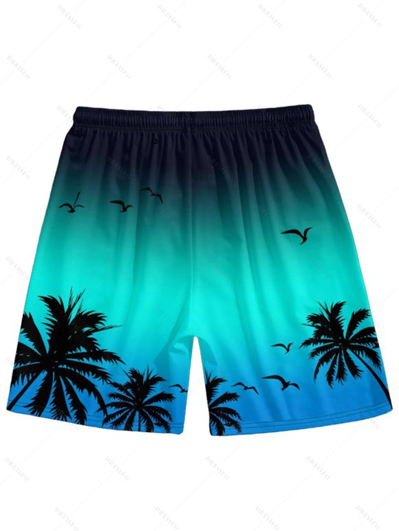 Vacation Couple Outfit Ombre Coconut Tree Seagulls Pattern Spaghetti Strap A Line Tank Dress and Roll Up Sleeve Shirt Drawstrings Shorts Beach Matching Outfit - Vert S | US 4