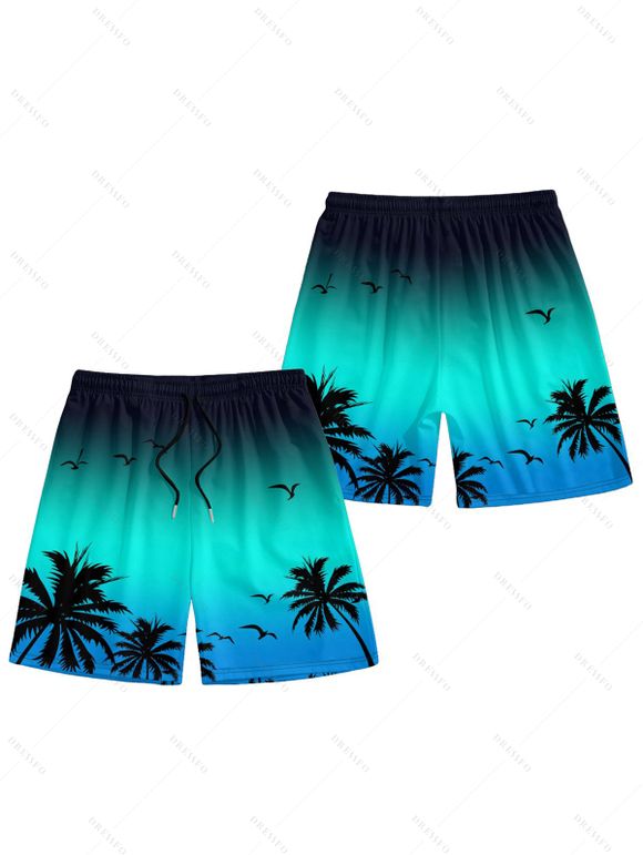Vacation Couple Outfit Ombre Coconut Tree Seagulls Pattern Spaghetti Strap A Line Tank Dress and Roll Up Sleeve Shirt Drawstrings Shorts Beach Matching Outfit - Vert S | US 4