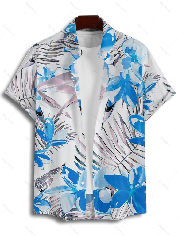 Vacation Couple Outfit Tropical Leaf Floral Print Ruched Bust A Line Sweetheart Neck Belt Dress and Roll Up Sleeve Shirt Drawstring Shorts Beach Matching Outfit - Bleu S | US 4