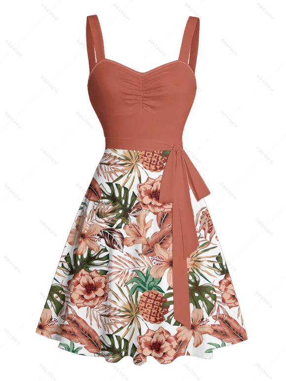 Vacation Couple Outfit Allover Tropical Floral Leaf Print Ruched Bust Belt A Line Mini Dress and Roll Up Sleeve Shirt Beach Two Piece Set - Rouge foncé S | US 4