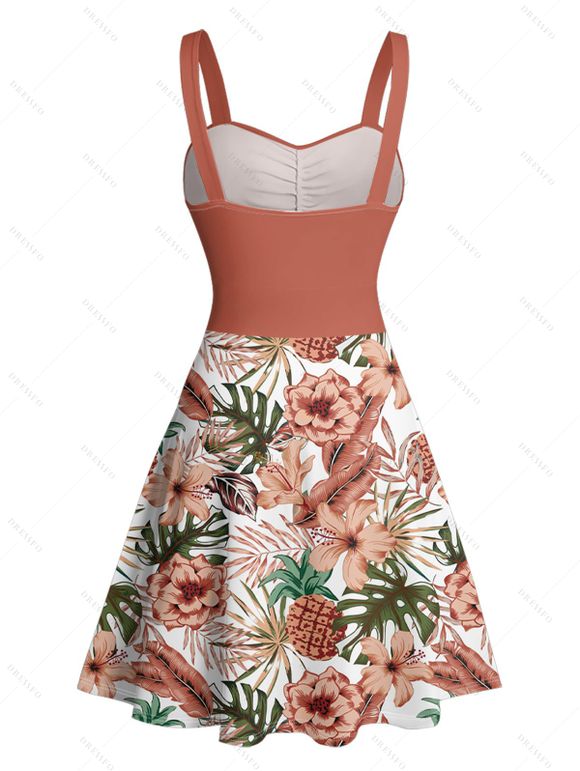 Vacation Couple Outfit Allover Tropical Floral Leaf Print Ruched Bust Belt A Line Mini Dress and Roll Up Sleeve Shirt Beach Two Piece Set - Rouge foncé S | US 4
