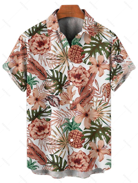 Vacation Couple Outfit Allover Tropical Floral Leaf Print Ruched Bust Belt A Line Mini Dress and Roll Up Sleeve Shirt Beach Two Piece Set - Rouge foncé S | US 4