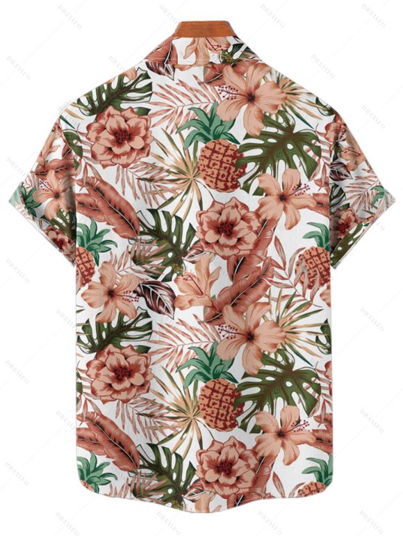 Vacation Couple Outfit Allover Tropical Floral Leaf Print Ruched Bust Belt A Line Mini Dress and Roll Up Sleeve Shirt Beach Two Piece Set - Rouge foncé S | US 4