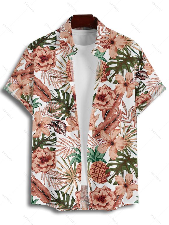 Vacation Couple Outfit Allover Tropical Floral Leaf Print Ruched Bust Belt A Line Mini Dress and Roll Up Sleeve Shirt Beach Two Piece Set - Rouge foncé S | US 4
