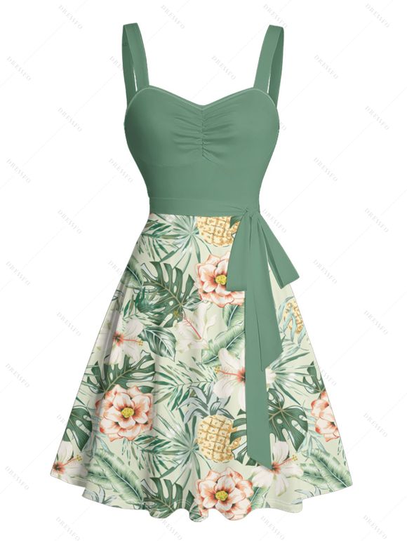 Vacation Couple Outfit Allover Tropical Floral Leaf Print Ruched Bust Belt A Line Mini Dress and Roll Up Sleeve Shirt Beach Two Piece Set - Vert S | US 4