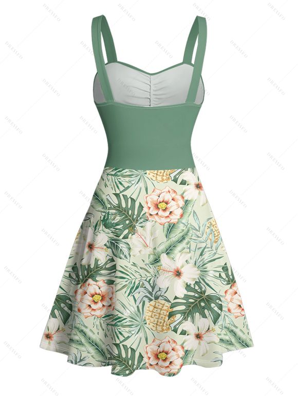 Vacation Couple Outfit Allover Tropical Floral Leaf Print Ruched Bust Belt A Line Mini Dress and Roll Up Sleeve Shirt Beach Two Piece Set - Vert S | US 4