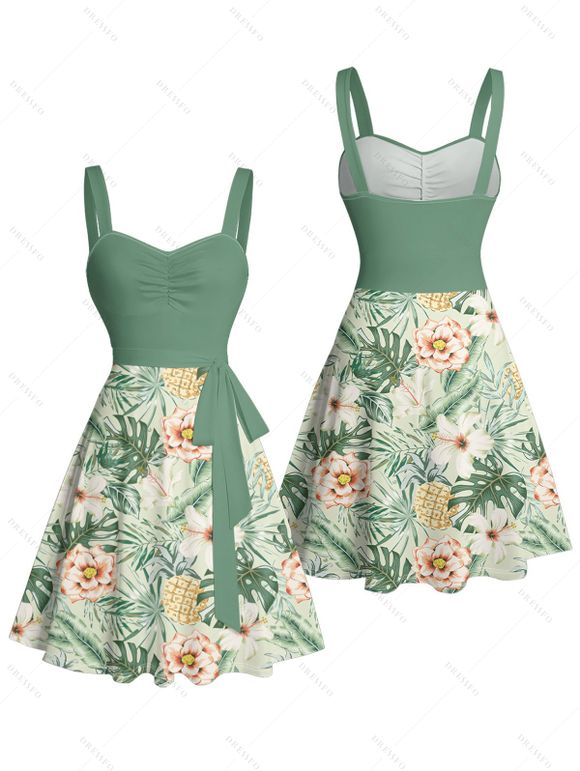 Vacation Couple Outfit Allover Tropical Floral Leaf Print Ruched Bust Belt A Line Mini Dress and Roll Up Sleeve Shirt Beach Two Piece Set - Vert S | US 4