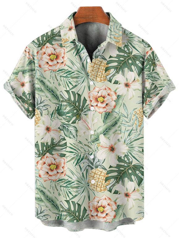 Vacation Couple Outfit Allover Tropical Floral Leaf Print Ruched Bust Belt A Line Mini Dress and Roll Up Sleeve Shirt Beach Two Piece Set - Vert S | US 4