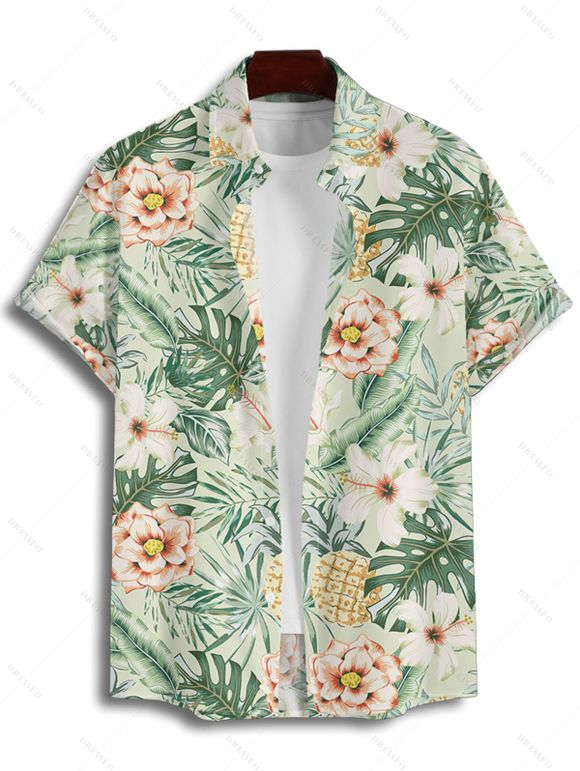 Vacation Couple Outfit Allover Tropical Floral Leaf Print Ruched Bust Belt A Line Mini Dress and Roll Up Sleeve Shirt Beach Two Piece Set - Vert S | US 4