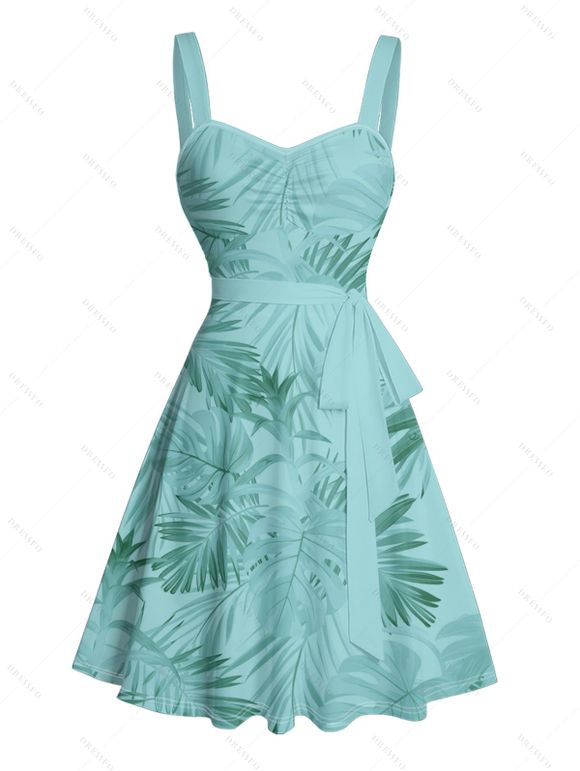 Vacation Couple Outfit Allover Tropical Plant Leaf Pattern Ruched Bust Belt Sweetheart Neck A Line Mini Dress and Roll Up Sleeve Shirt Casual Matching Outfit - Vert clair S | US 4
