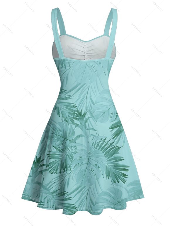 Vacation Couple Outfit Allover Tropical Plant Leaf Pattern Ruched Bust Belt Sweetheart Neck A Line Mini Dress and Roll Up Sleeve Shirt Casual Matching Outfit - Vert clair S | US 4