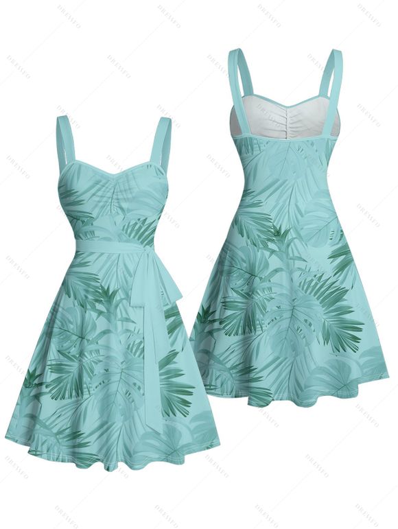 Vacation Couple Outfit Allover Tropical Plant Leaf Pattern Ruched Bust Belt Sweetheart Neck A Line Mini Dress and Roll Up Sleeve Shirt Casual Matching Outfit - Vert clair S | US 4