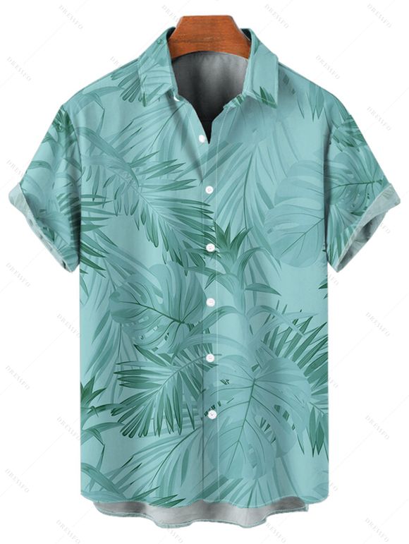 Vacation Couple Outfit Allover Tropical Plant Leaf Pattern Ruched Bust Belt Sweetheart Neck A Line Mini Dress and Roll Up Sleeve Shirt Casual Matching Outfit - Vert clair S | US 4