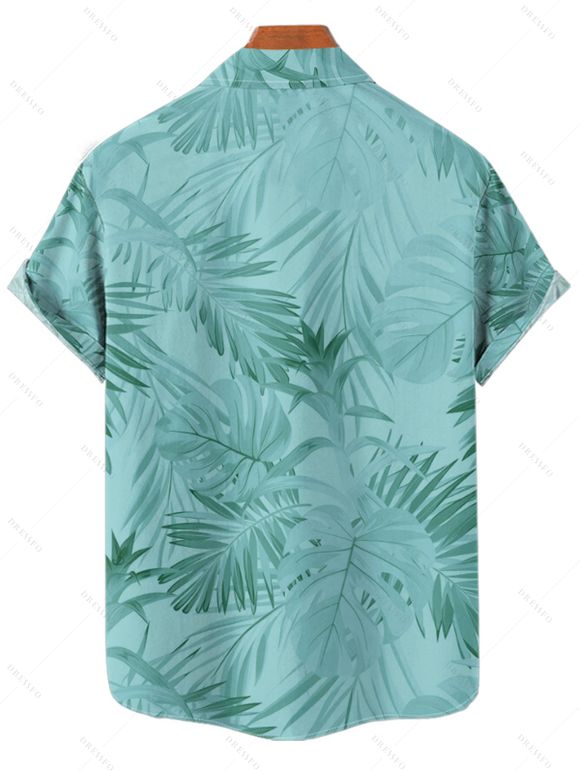 Vacation Couple Outfit Allover Tropical Plant Leaf Pattern Ruched Bust Belt Sweetheart Neck A Line Mini Dress and Roll Up Sleeve Shirt Casual Matching Outfit - Vert clair S | US 4