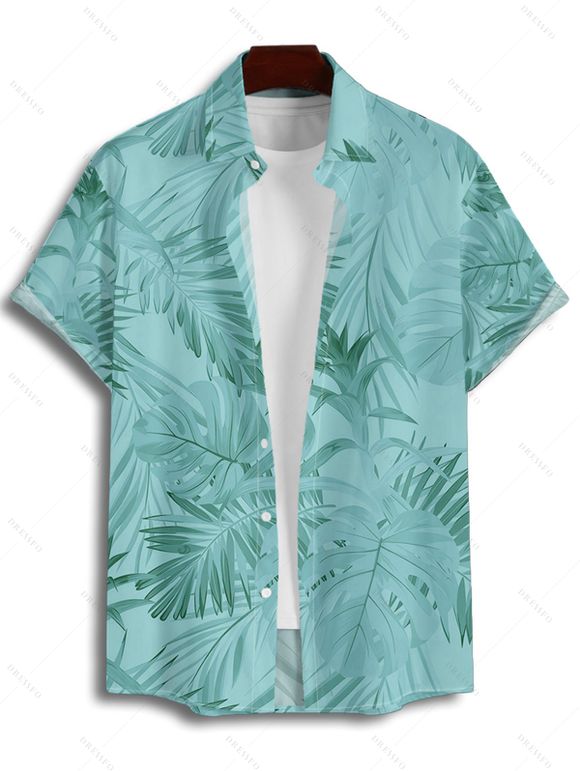 Vacation Couple Outfit Allover Tropical Plant Leaf Pattern Ruched Bust Belt Sweetheart Neck A Line Mini Dress and Roll Up Sleeve Shirt Casual Matching Outfit - Vert clair S | US 4