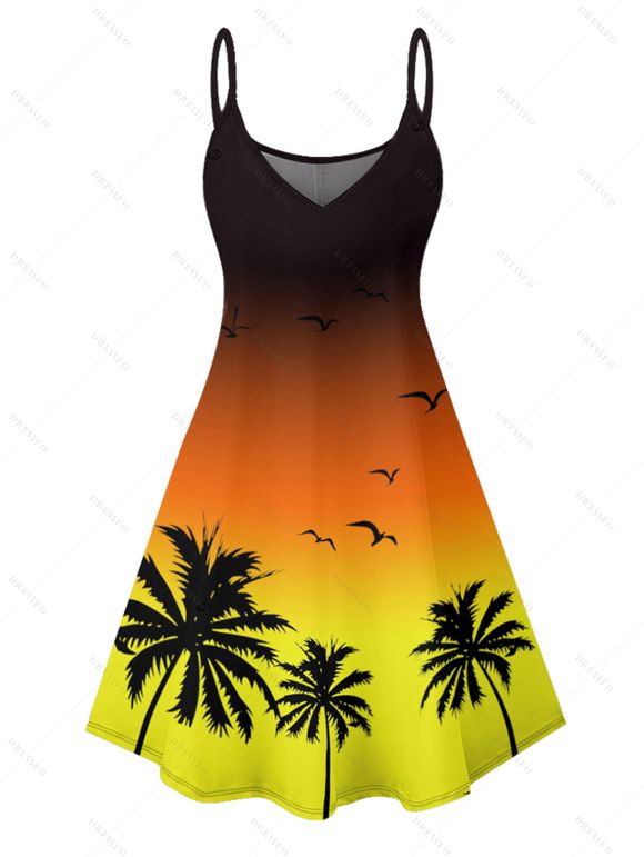 Vacation Couple Outfit Ombre Coconut Tree Seagulls Pattern Spaghetti Strap A Line Tank Dress and Roll Up Sleeve Shirt Drawstrings Shorts Beach Matching Outfit - Orange S | US 4