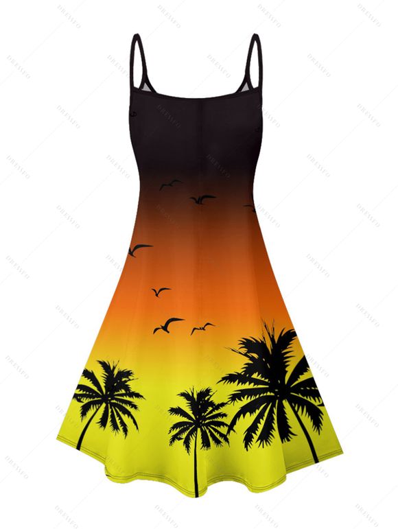 Vacation Couple Outfit Ombre Coconut Tree Seagulls Pattern Spaghetti Strap A Line Tank Dress and Roll Up Sleeve Shirt Drawstrings Shorts Beach Matching Outfit - Orange S | US 4