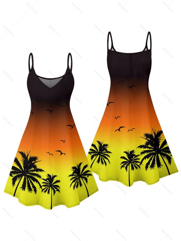 Vacation Couple Outfit Ombre Coconut Tree Seagulls Pattern Spaghetti Strap A Line Tank Dress and Roll Up Sleeve Shirt Drawstrings Shorts Beach Matching Outfit - Orange S | US 4