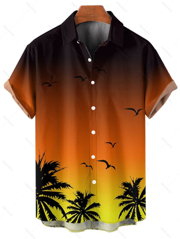 Vacation Couple Outfit Ombre Coconut Tree Seagulls Pattern Spaghetti Strap A Line Tank Dress and Roll Up Sleeve Shirt Drawstrings Shorts Beach Matching Outfit - Orange S | US 4